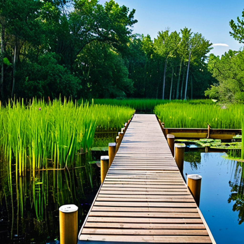 자연형 물 정화 시스템의 생태적 가치 - Restored Wetland Ecosystem**
"A vibrant, healthy wetland ecosystem teeming with life. Lush green re...