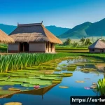 Home 14 자연형 물 정화 시스템을 통한 기후 변화 대응 - A vibrant constructed wetland scene in a rural Latin American village, showcasing lush aquatic plant...