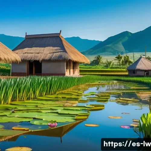 Home 26 자연형 물 정화 시스템을 통한 기후 변화 대응 - A vibrant constructed wetland scene in a rural Latin American village, showcasing lush aquatic plant...