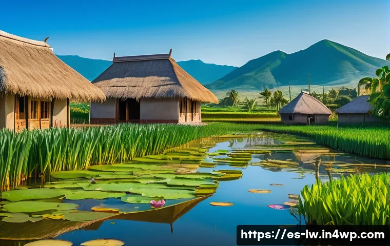 자연형 물 정화 시스템을 통한 기후 변화 대응 - A vibrant constructed wetland scene in a rural Latin American village, showcasing lush aquatic plant...