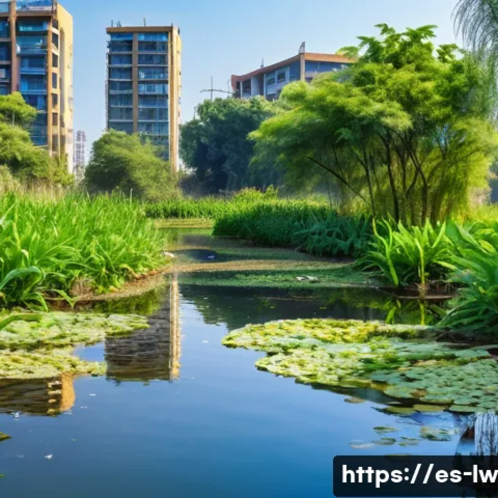 자연형 물 정화 시스템의 성공 사례 인터뷰 - A vibrant urban constructed wetland in a Latin American city, surrounded by modern buildings and gre...