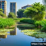 Home 19 자연형 물 정화 시스템의 성공 사례 인터뷰 - A vibrant urban constructed wetland in a Latin American city, surrounded by modern buildings and gre...