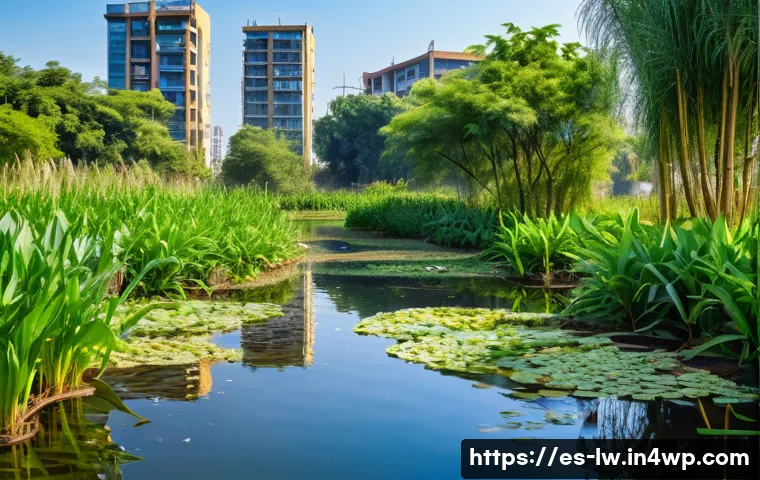 자연형 물 정화 시스템의 성공 사례 인터뷰 - A vibrant urban constructed wetland in a Latin American city, surrounded by modern buildings and gre...