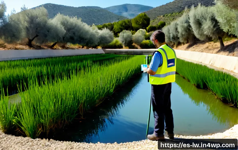 Home 15 자연형 물 정화 시스템의 운영 및 관리 매뉴얼 - Photorealistic wide view of a natural water purification wetland system in rural Spain, shallow sett...
